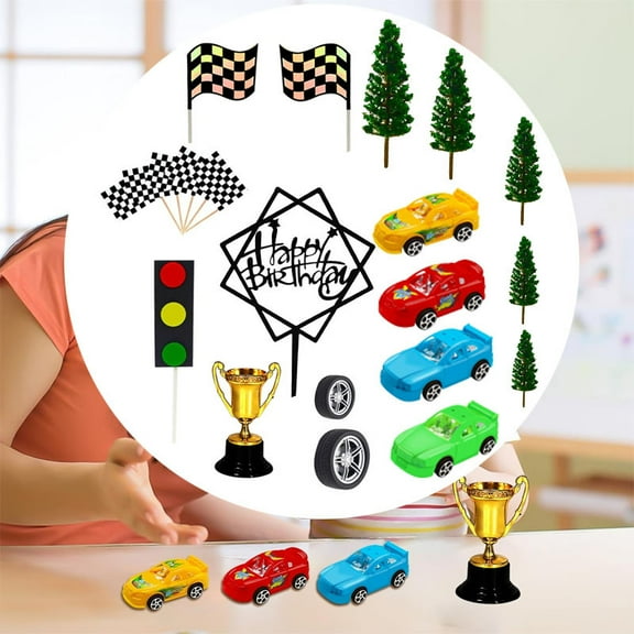Premium Racing Car Cake Topper Set, 38PCS Car Themed Birthday Decorations with Checkered Flags and Trophy for Party Supplies