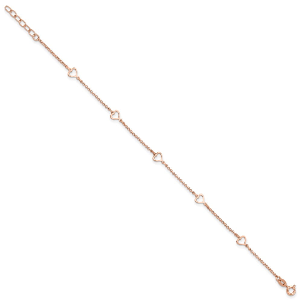 Sterling Silver Rose Tone Hearts 9in Plus 1in ext Anklet