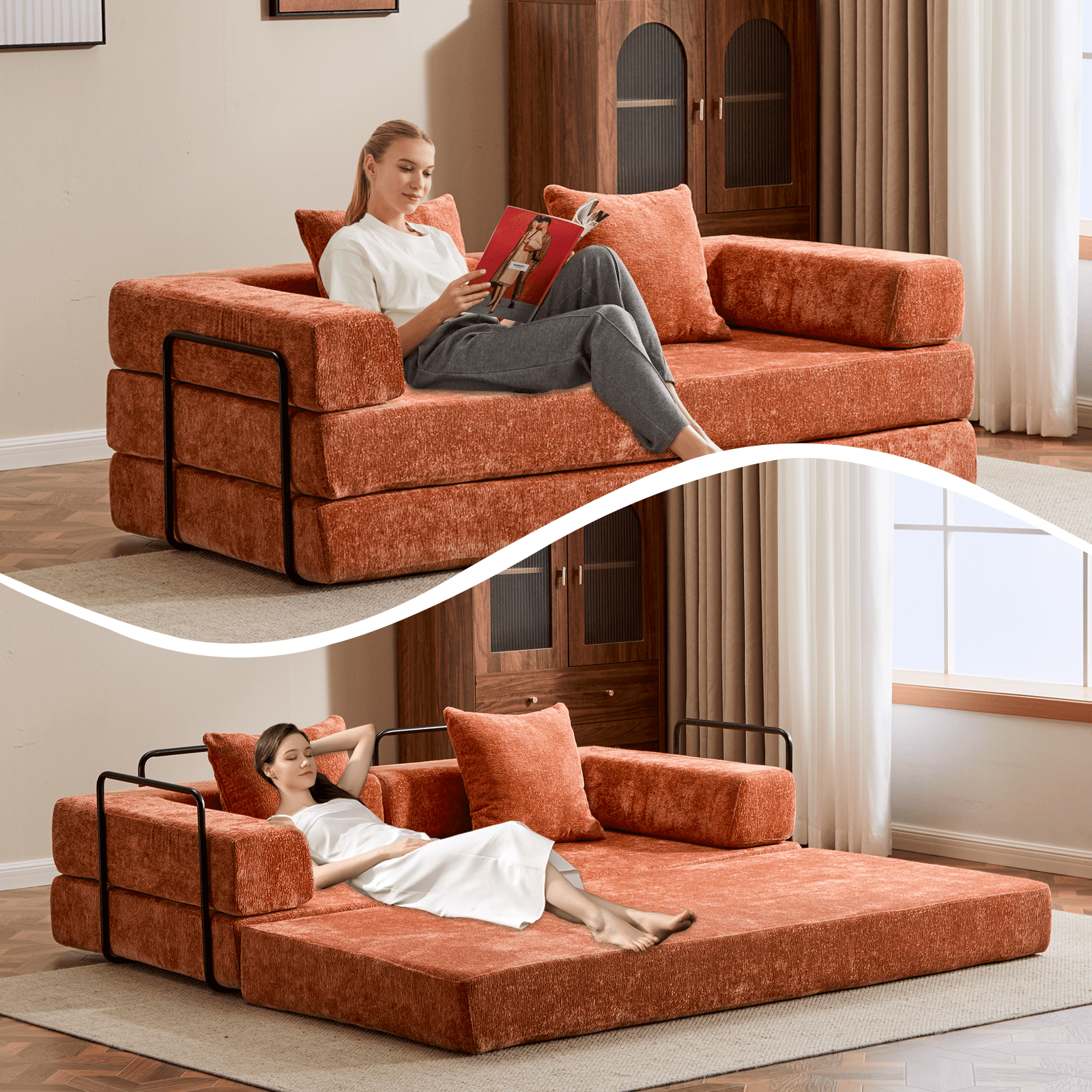 BSHTI Convertible Sofa Bed with Pillows, Chenille Folding Floor Sofa, High Rebound Density Sponge Boneless Couch for Living Room Bedroom Apartment Office, No Assembly Required, Orange