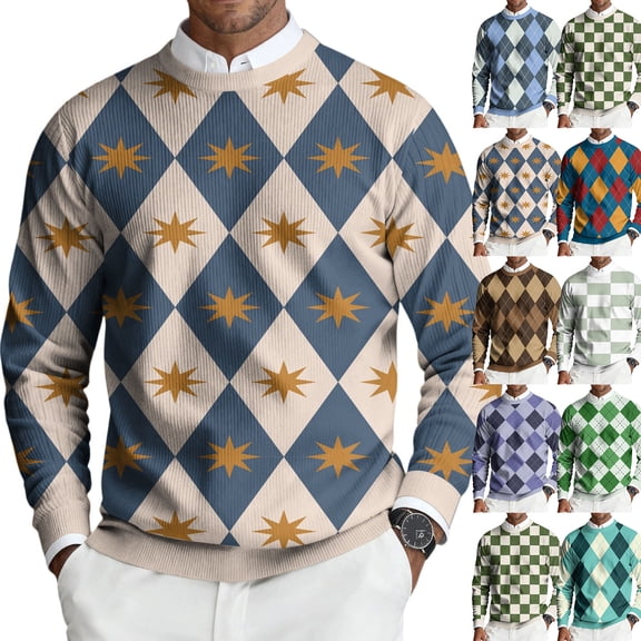 Men's Long Sleeve Crew Neck Sweaters Plaid Knit Sweaters for Men Casual Fall Winter Pullover Tops Classic Knitwear Tops