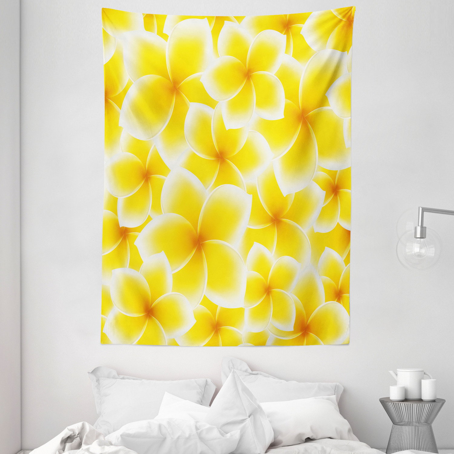 Yellow Tapestry, Plumeria Frangipani Asian Cute Flower Blossom Pattern Hawaiian Style Artwork