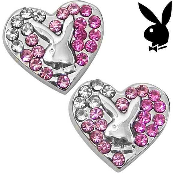 Playboy Earrings Heart Bunny Stud Pink Swarovski Crystals Platinum Plated Playmate