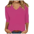 thumbnail image 1 of Spring Tops for Women V Neck Solid Color Casual Summer Basic Top Long Sleeve Basic Oversized Tshirts for Women Hot Pink S, 1 of 4