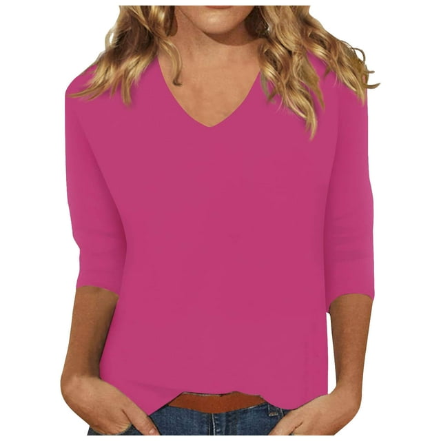 Spring Tops for Women V Neck Solid Color Casual Summer Basic Top Long Sleeve Basic Oversized Tshirts for Women Hot Pink S