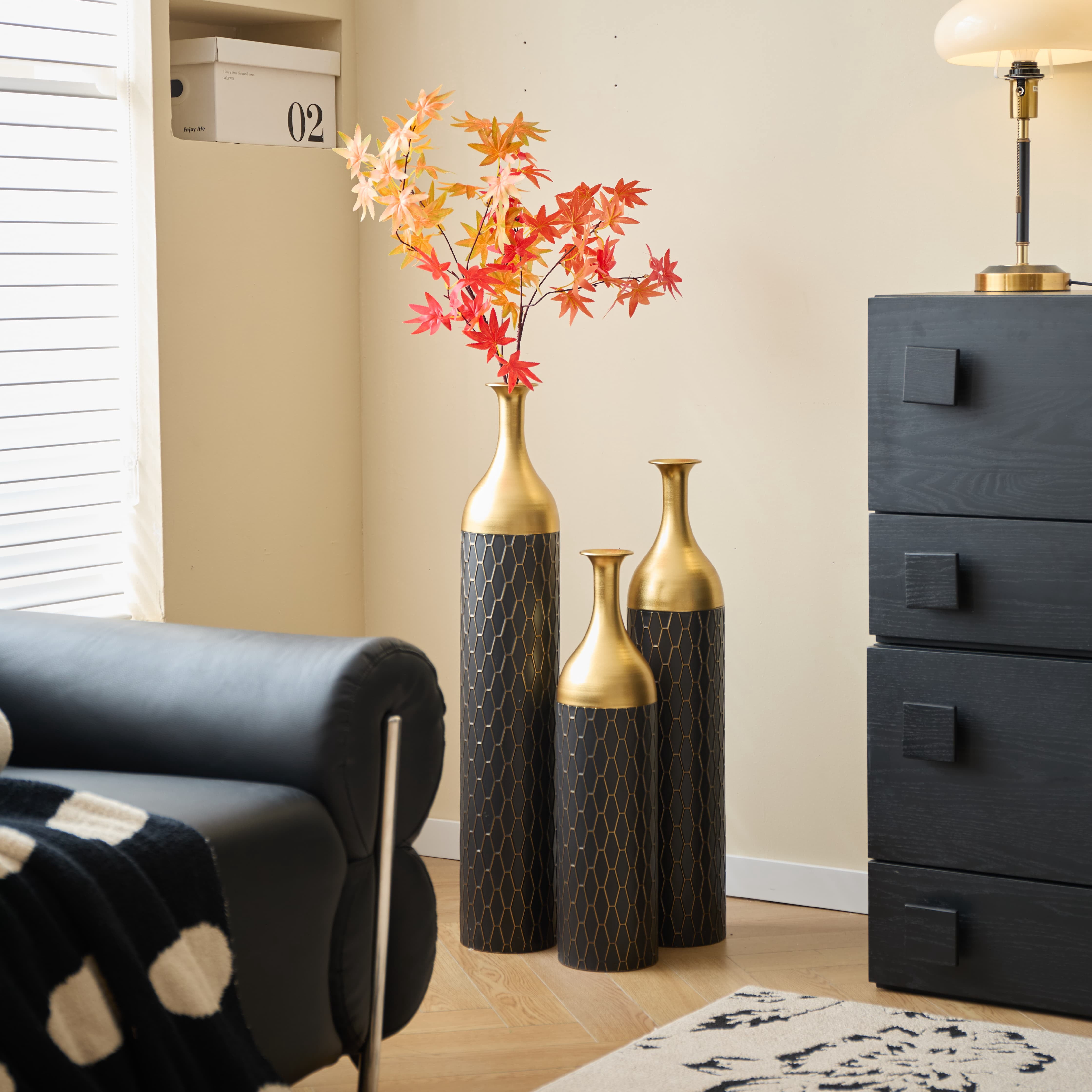 Aukfa Metal Large Floor Vases, Standing Vase Set of 3 for Home Decor,34.25"/30.31"/24.88"H,Black