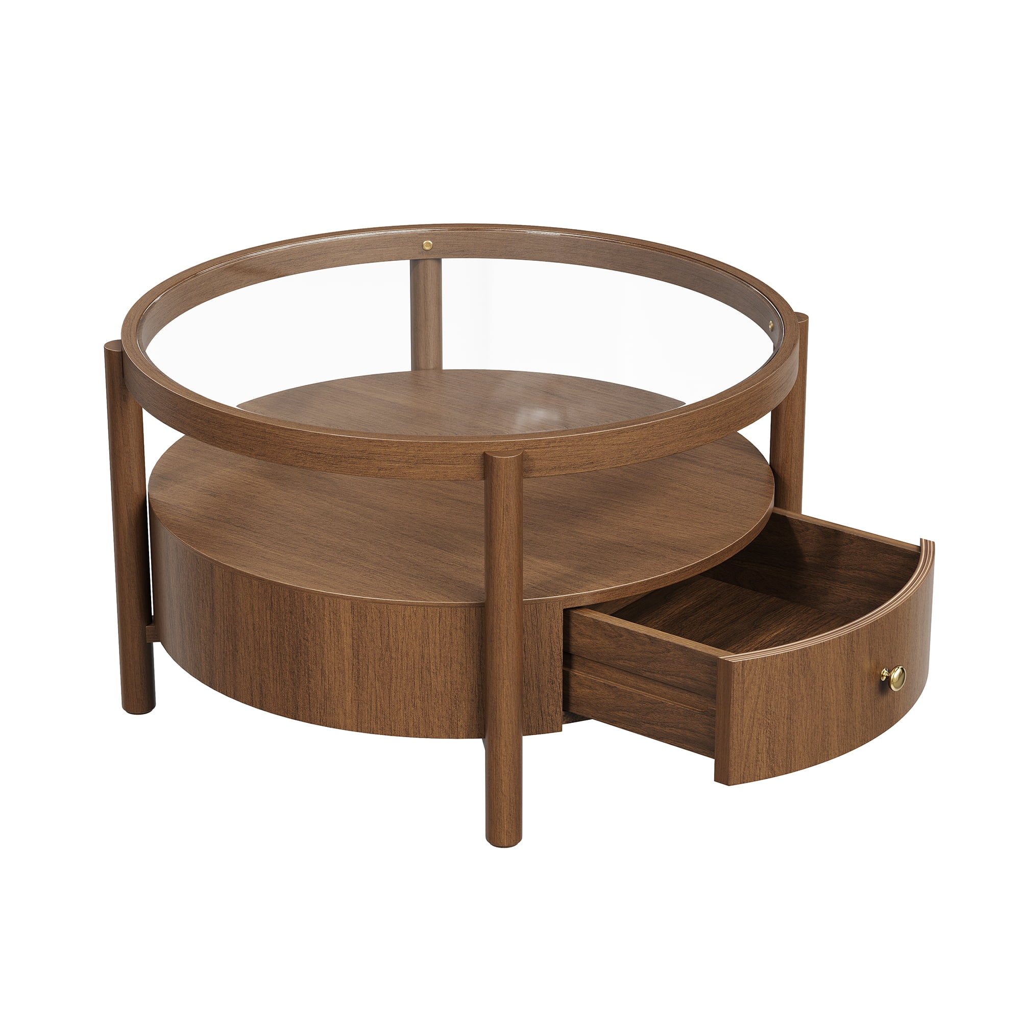 29.5-Inch Round Glass Top Coffee Table with Storage Drawer and 2-Tier Design, Mid-Century Modern Center Table and Cocktail Table for Living Room, Walnut
