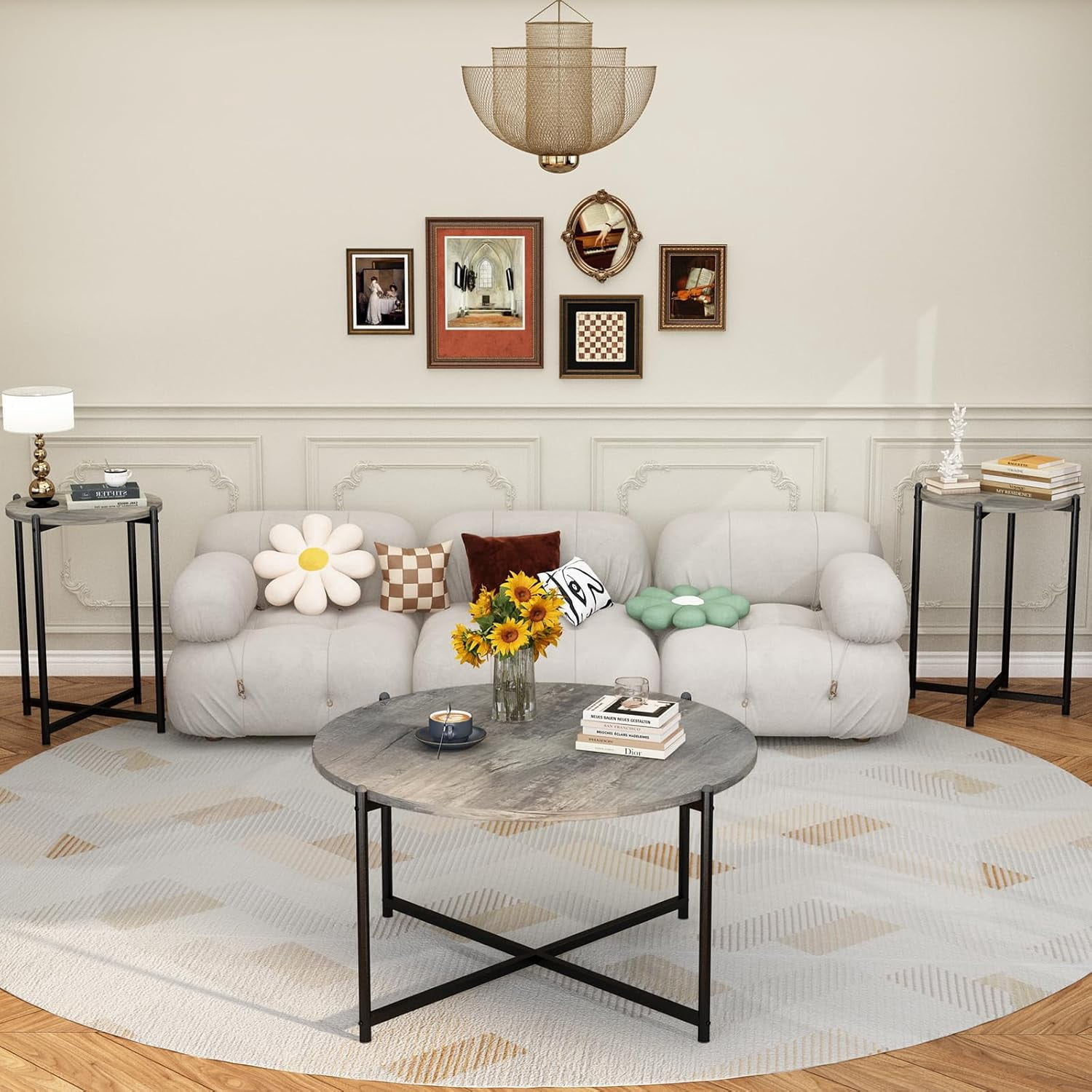 Cvortll Coffee Table Set of 3, Round Faux Marble Top with Cross Metal Frame, Modern Living Room Table for Apartment （Gray & Black）