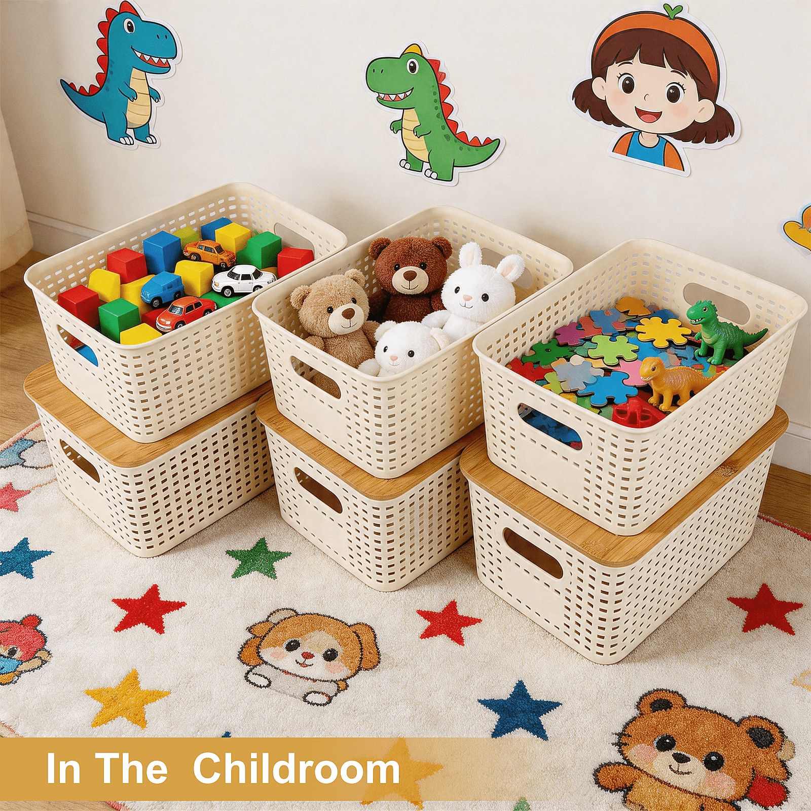 6 Pack Stackable Plastic Storage Baskets with Bamboo Lids, Storage Containers for Organizing Shelves, Drawers, Desktop, Closet, Office & Classroom, Includes Labels & Pen