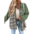 thumbnail image 3 of HUBERY Women Lapel Collar Plaid Spliced Long Sleeve Snap Button Pocket Jacket, 3 of 5
