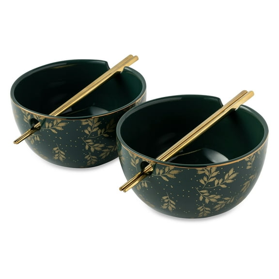 Thyme & Table Holiday Leaves 2-Pack of Ramen Bowls with Chopsticks - Green