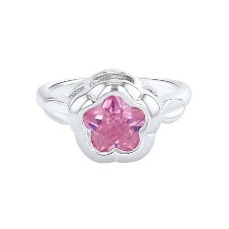 Rhodium Plated Pink Crystal Flower Infant Baby Girl Ring