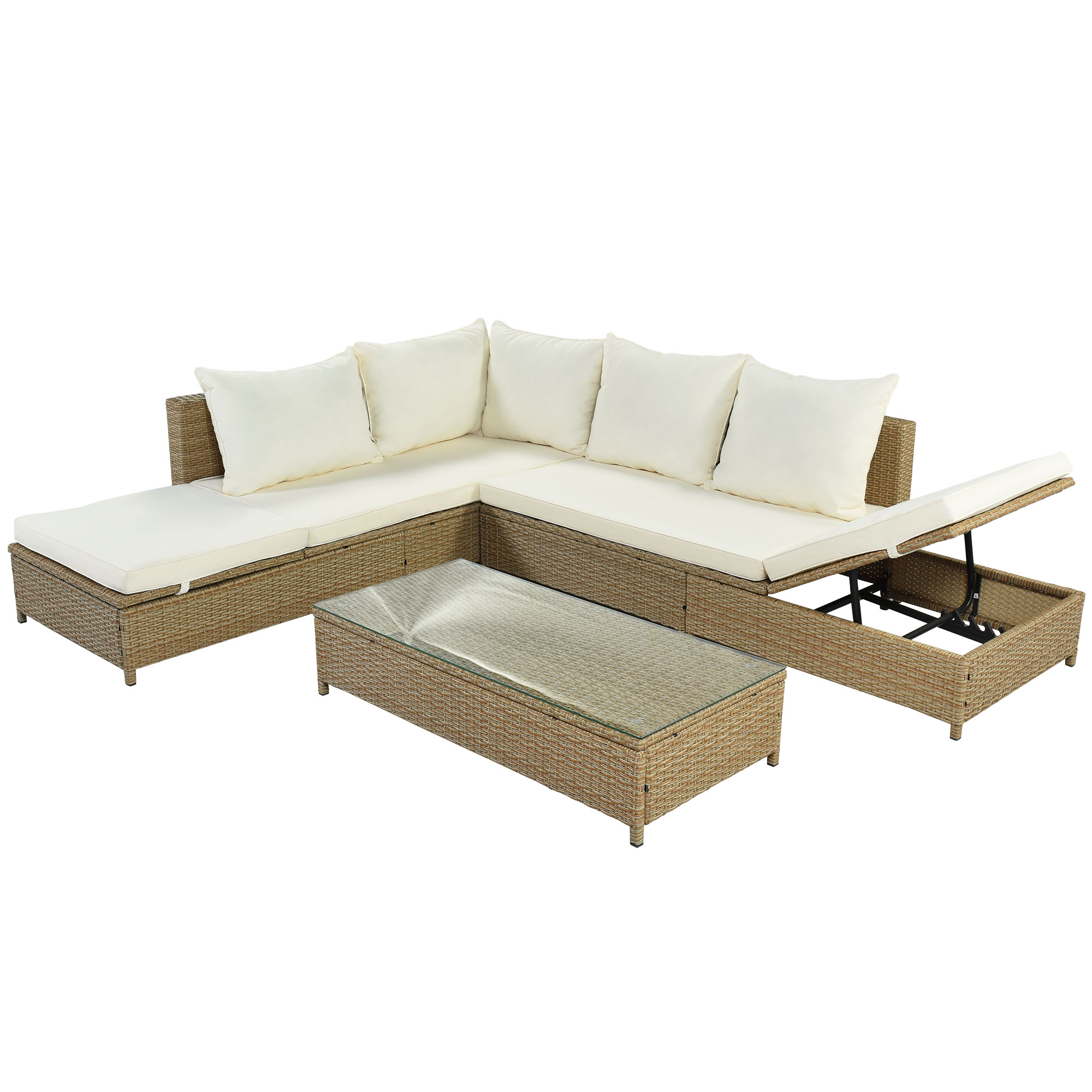 TOPMAX Patio 3-Piece Rattan Sofa Set All Weather PE Wicker Sectional Set with Adjustable Chaise Lounge Frame and Tempered Glass Table, Natural Brown+ Beige Cushion - image 5 of 9