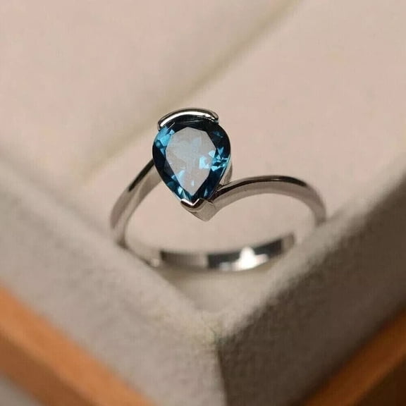 1.20Ct Pear Cut Lab-Created London Blue Topaz Engagement Ring 14K White Gold Plated