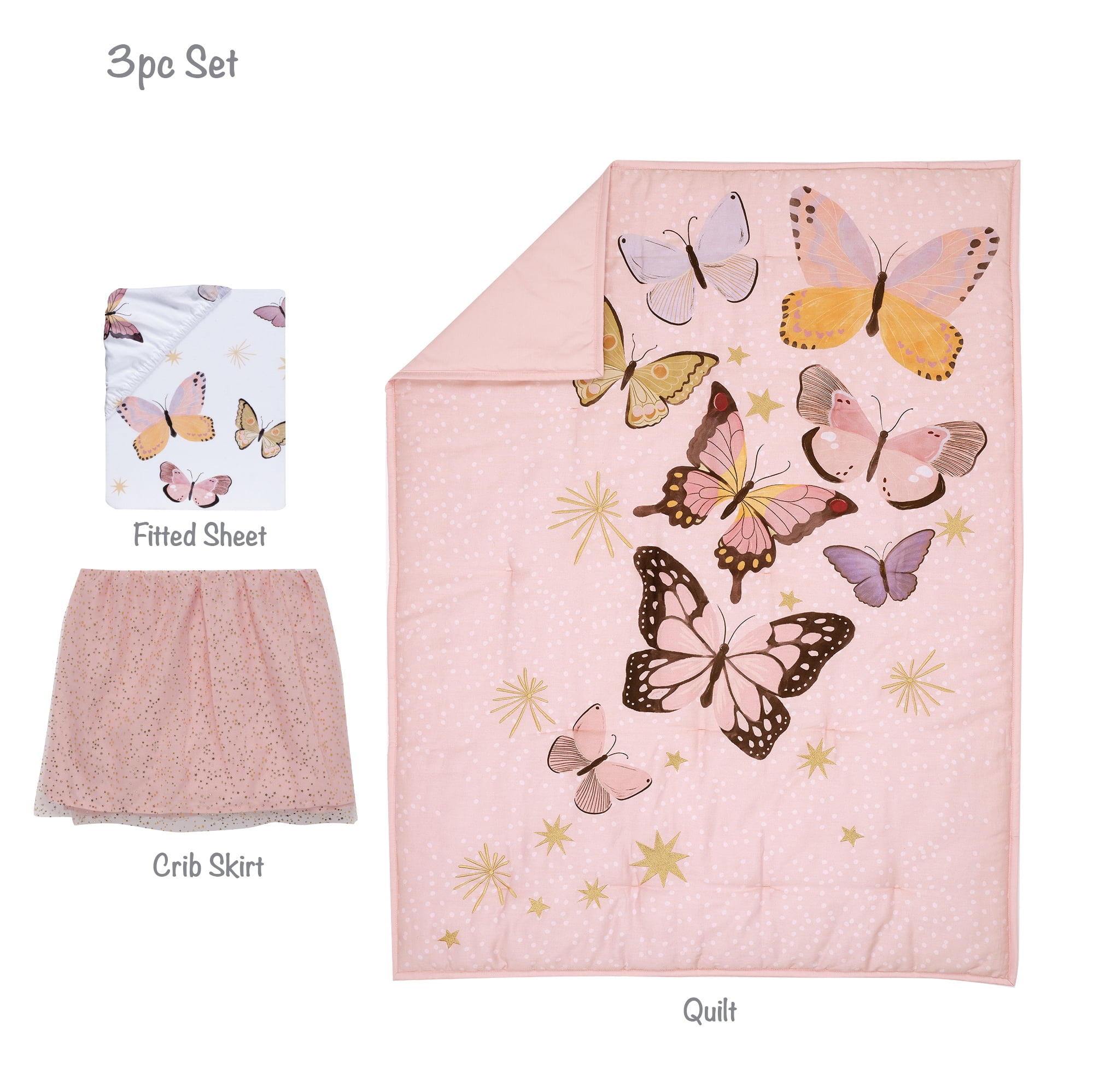Lambs & Ivy Butterfly Dreams Pink/Gold 3-Piece Nursery Baby Crib Bedding Set