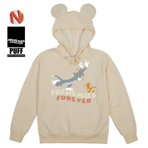 Tom & Jerry Frenemies Forever Adult Tofu Long Sleeve Hooded Sweatshirt With 3D Ears-Medium