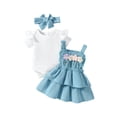 thumbnail image 2 of Aojekbee Baby Girls Summer Outfit Short Sleeves Rompers and Crochet Flowers Suspender Skirt Headband 3 Piece Clothes Set, 2 of 10
