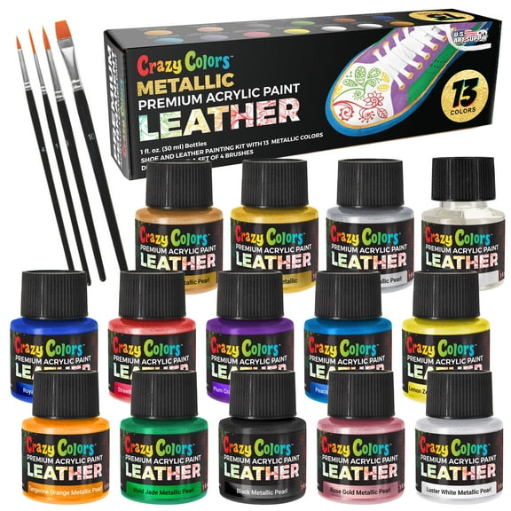 Crazy Colors Premium Acrylic Leather and Shoe Paint Kit, 13 Metallic Pearl Colors, Deglazer, 4-Piece Brush Set - 1 oz Bottles, Flexible, Scratch Resistant - Glittering Sneakers, Jackets Bags Purses