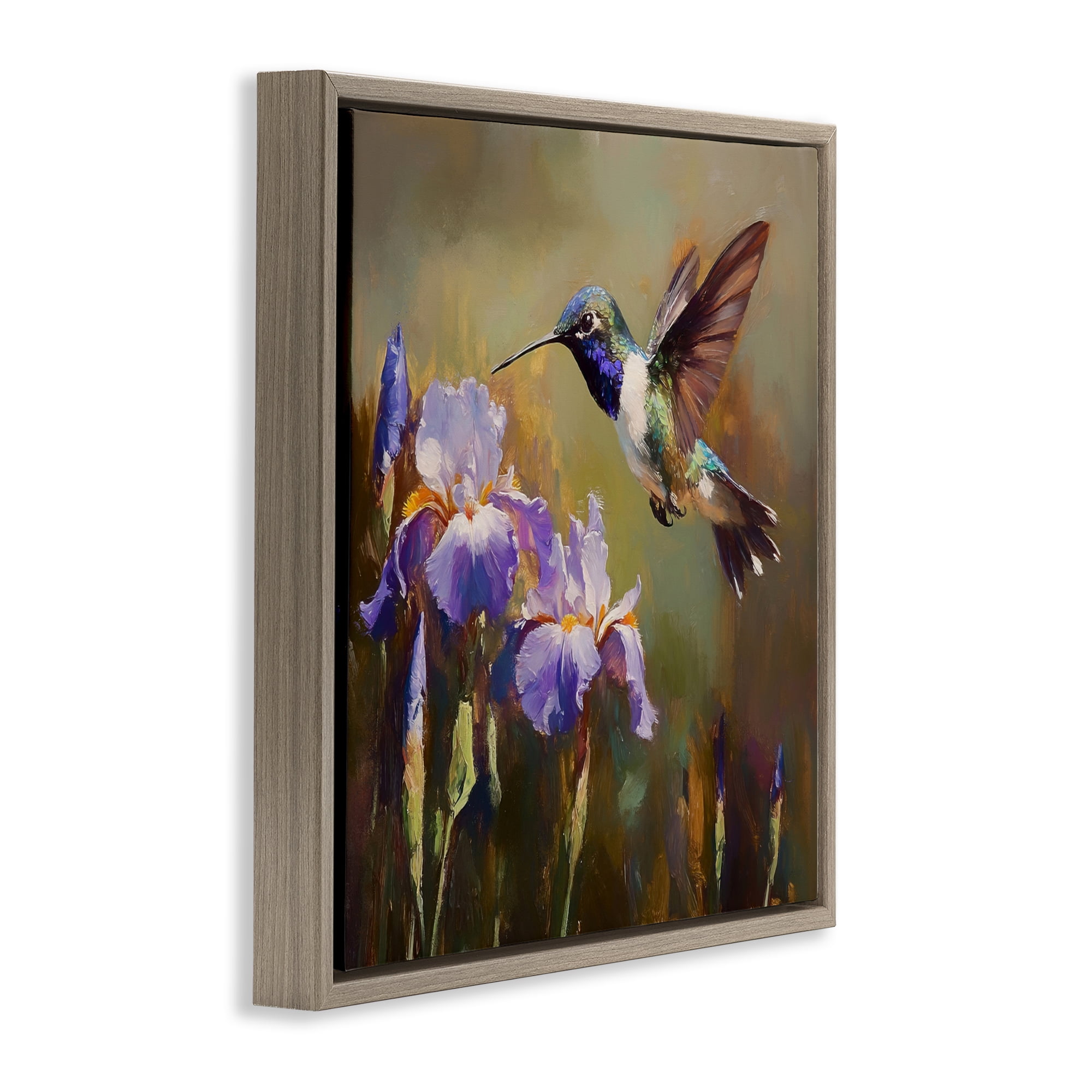Stupell Industries Hummingbird & Purple Irises Brown Framed Floater Canvas Wall Art, design by Tina LeCour
