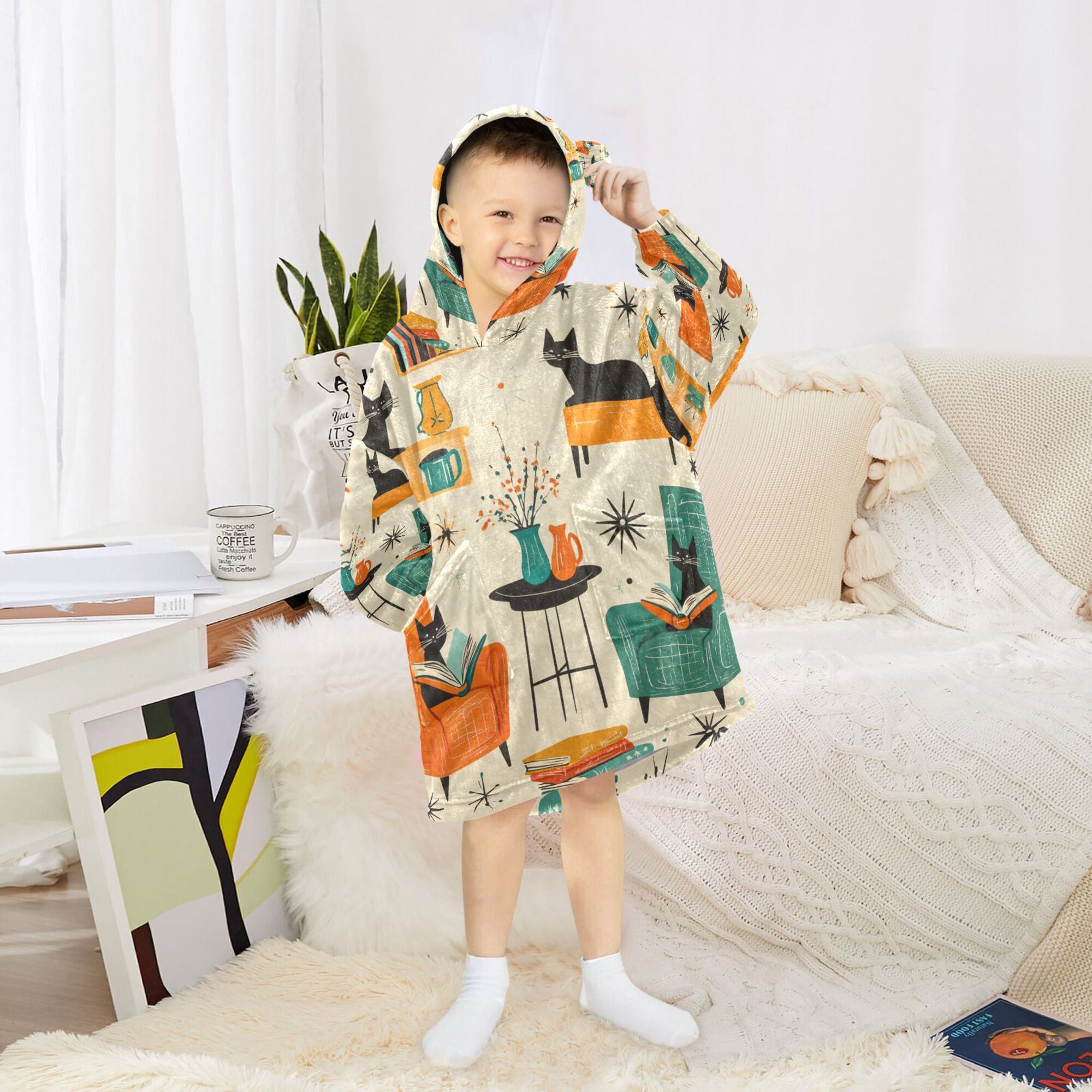 FORMRS Wearable Blanket Hoodie with Sleeves for Kids Cozy Flannel Sweatshirt, Black Cats Reading