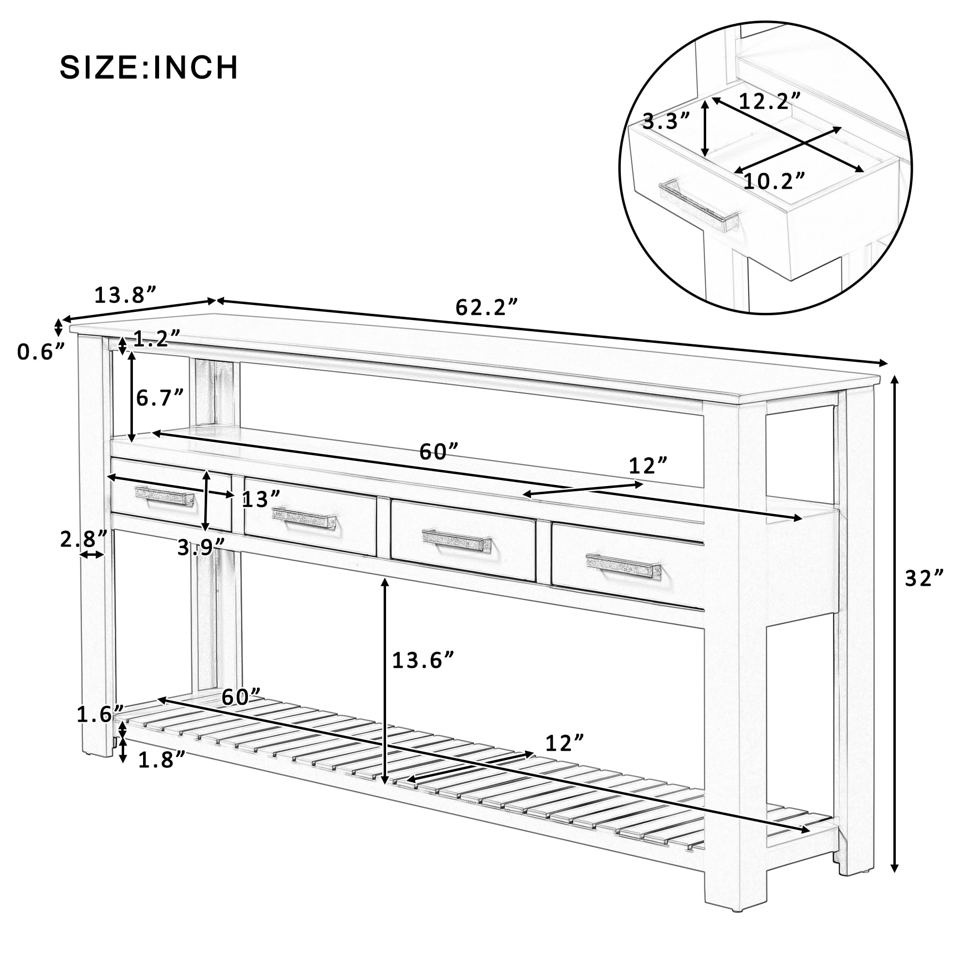 Euroco 61.5" Large Console Table,Modern Wood Entryway Table Sofa Table with 3-Tier Open Shelves & 4 Drawers for Living Room,Hallway,Foyer,Navy Blue