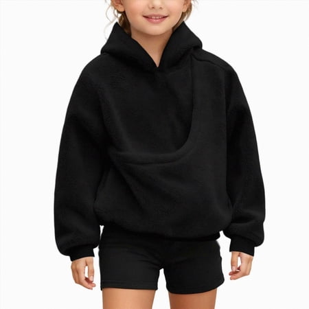 Gubotare Cat Dog Pouch Hoodie for Girls Fleece Pet Carrier Large Pouch Sweatshirts Pullover Hooded Animal Solid Color Top Fall Winter (Black 13-14 Years)