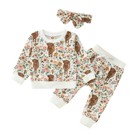 

Cute Baby Girls Boys 3pcs Clothes Sets Cow Floral Printed Long Sleeve Pullover Sweatshirt Tops Pants Headband