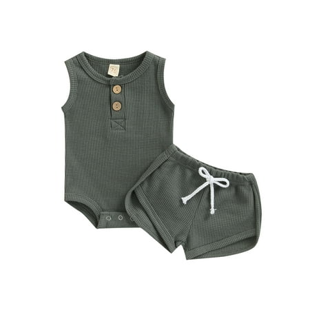 

TheFound Infant Baby Boys Casual Clothes 2pcs Solid Sleeveless Button Romper Tops+Shorts Trousers Set