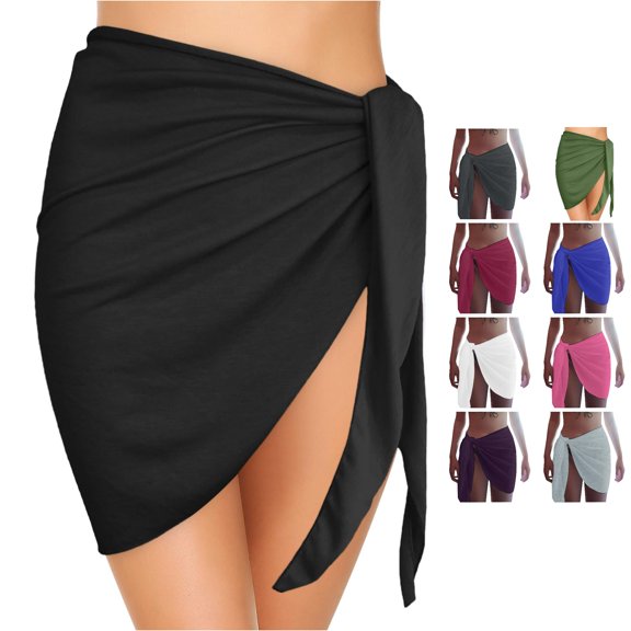 VNKIDY Womens Wrap Waist Side Tie High Slit Irregular Hem Solid Color Beach Sarong Skirt Summer Pool Regular Fit Quick Dry Swim Cover Bottoms For Ladies Black One Size