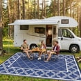thumbnail image 2 of Outdoor Rug Waterproof 8x10 Patio Rugs Reversible Plastic Straw Rug with Extra Stakes & Carry Bag, Modern Trellis UV-Resistant Hose-Cleanable RV Mat for Porch Deck Balcony Dark Blue, 2 of 7