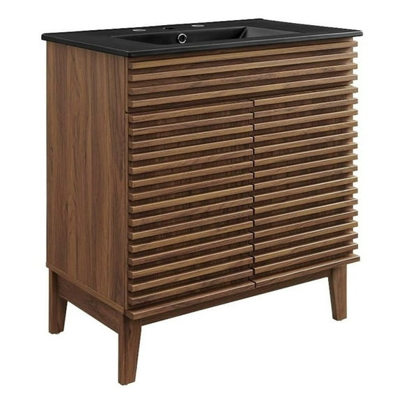 Modway Render 30" Modern Wood/Ceramic Bathroom Vanity in Walnut/Black