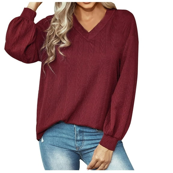 KIHOUT Women's V Neck Leisure Long Sleeve Solid Tops