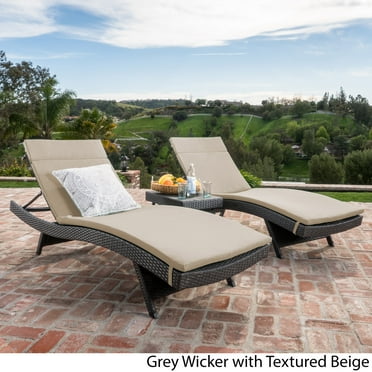 Noble House Salem 3Piece Wicker Patio Lounge Set in Gray/Texture Beige Cushion