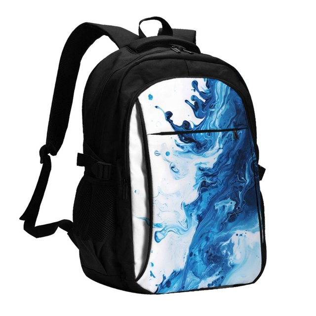 Easygdp Blue White Fluid Art Mochila para Laptop de Viaje con Puerto USB, Mochila para Laptop con Puerto de Carga USB para Mujeres y Hombres