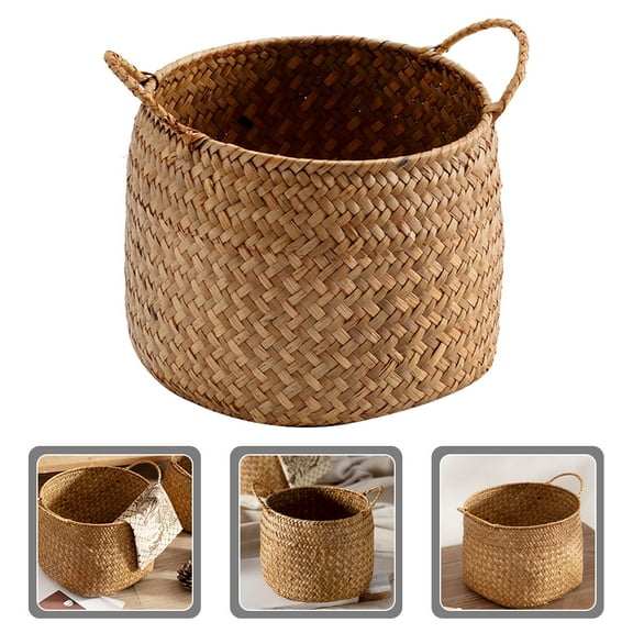 Brown Seagrass Woven Basket for Home Use Japanese Style Decorative Storage with Side Handles 12.5 x 8.5 x 7 inches