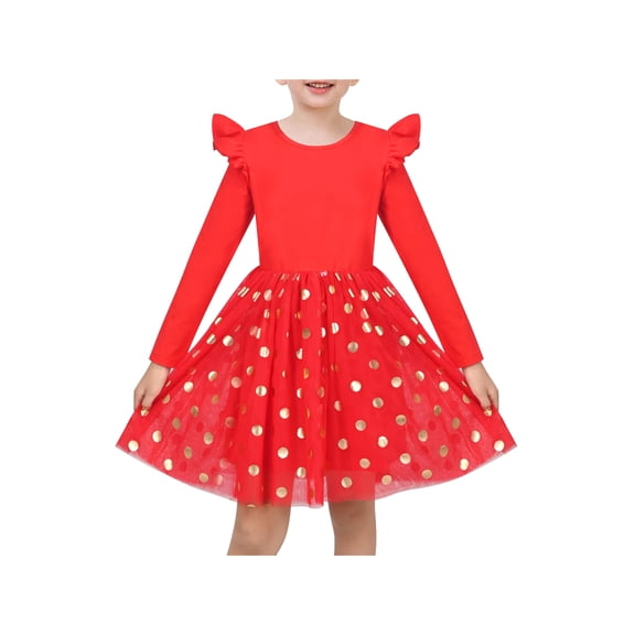 Sunny Fashion Girls Dress Scarlet Gold Polka Dot Tulle Twirly Ruffle Festive Christmas New Year 7 Years