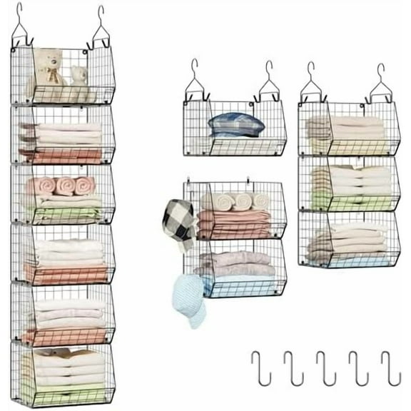 6 Tier Closet Hanging Organizer, Clothes Shelves with 4 Hanging Hooks, 5 S Hooks, Wire Storage Basket Bins, for Clothing Sweaters Shoes Handbags Clutches Accessories Patent Design