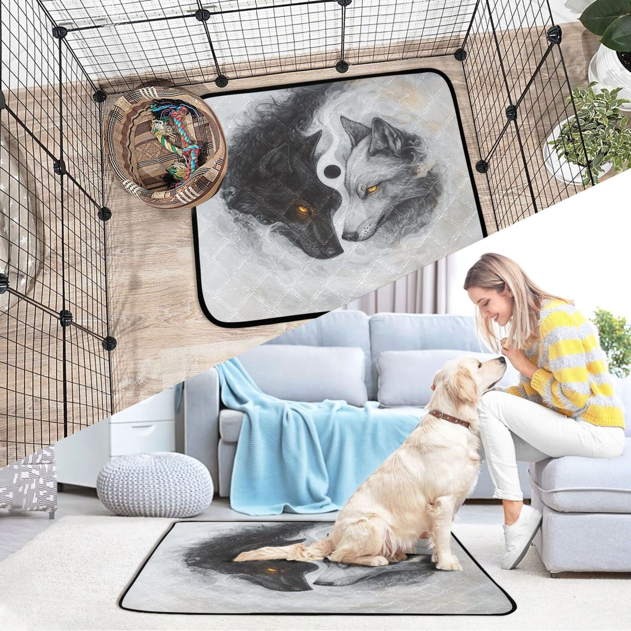 Qxltty Black White Wolf Pattern Cat litter Pads Pet Set of 3 Diaper Mats Center Anti-leakage Layer Absorbent Soft and Comfortable
