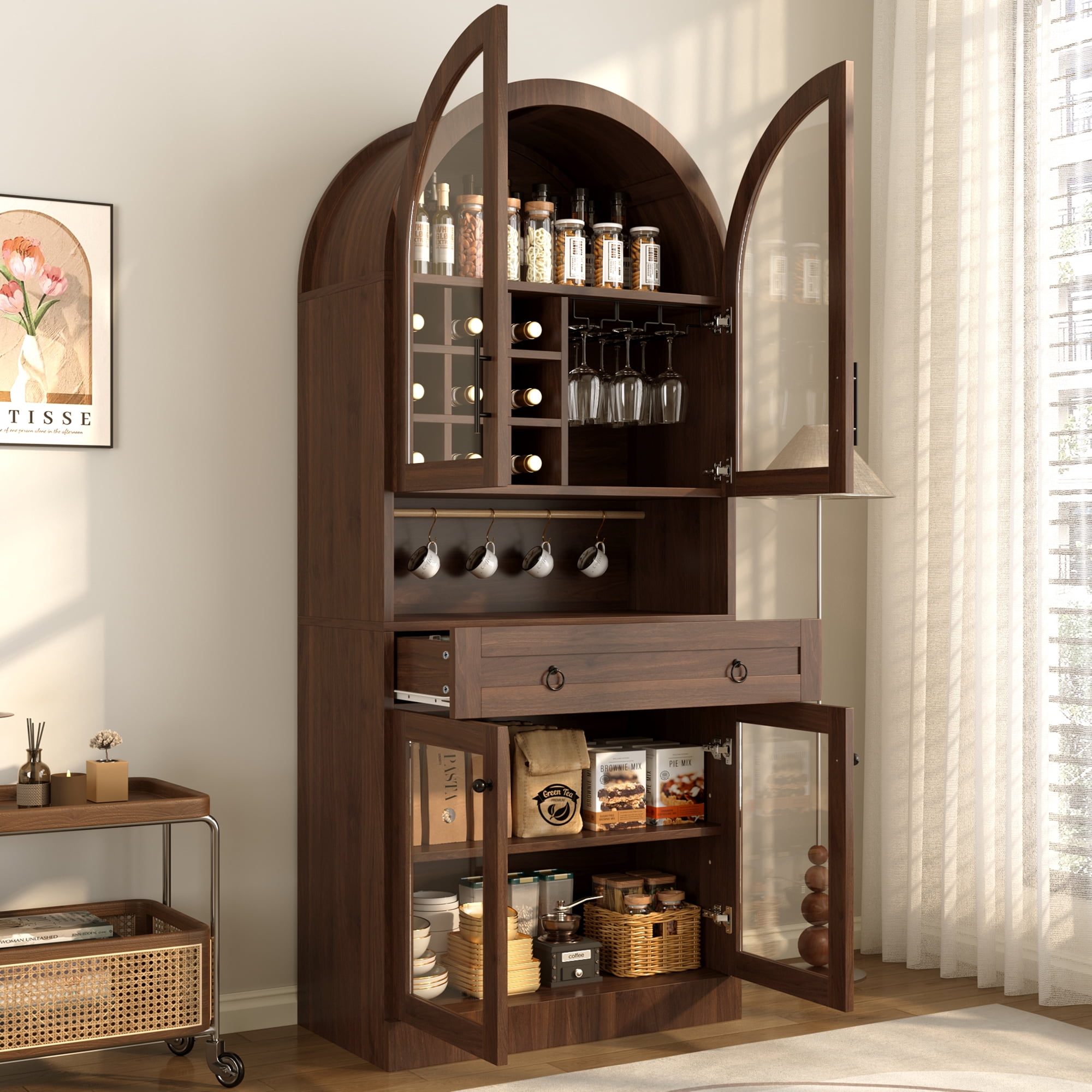 Mintazer 70" Tall Arched Bar Cabinet with Tempered Glass Doors, Freestanding Storage Buffet Sideboard with Removable Wine Rack & Cup Hooks for Dining Room Kitchen Living Room, Walnut