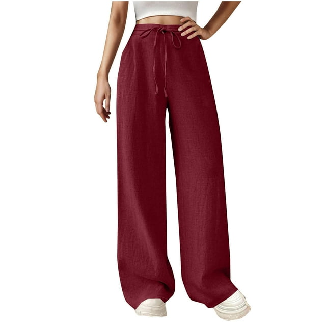 Timegard Pants for Women Wide Leg Drawstring High Waist Lightweight Casual Loose Trousers Solid Color
