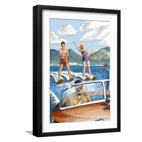 Art.com Water Skiing and Wooden Boat Art Print by Lantern Press, Black Frame Wall Art, 17" x 23"