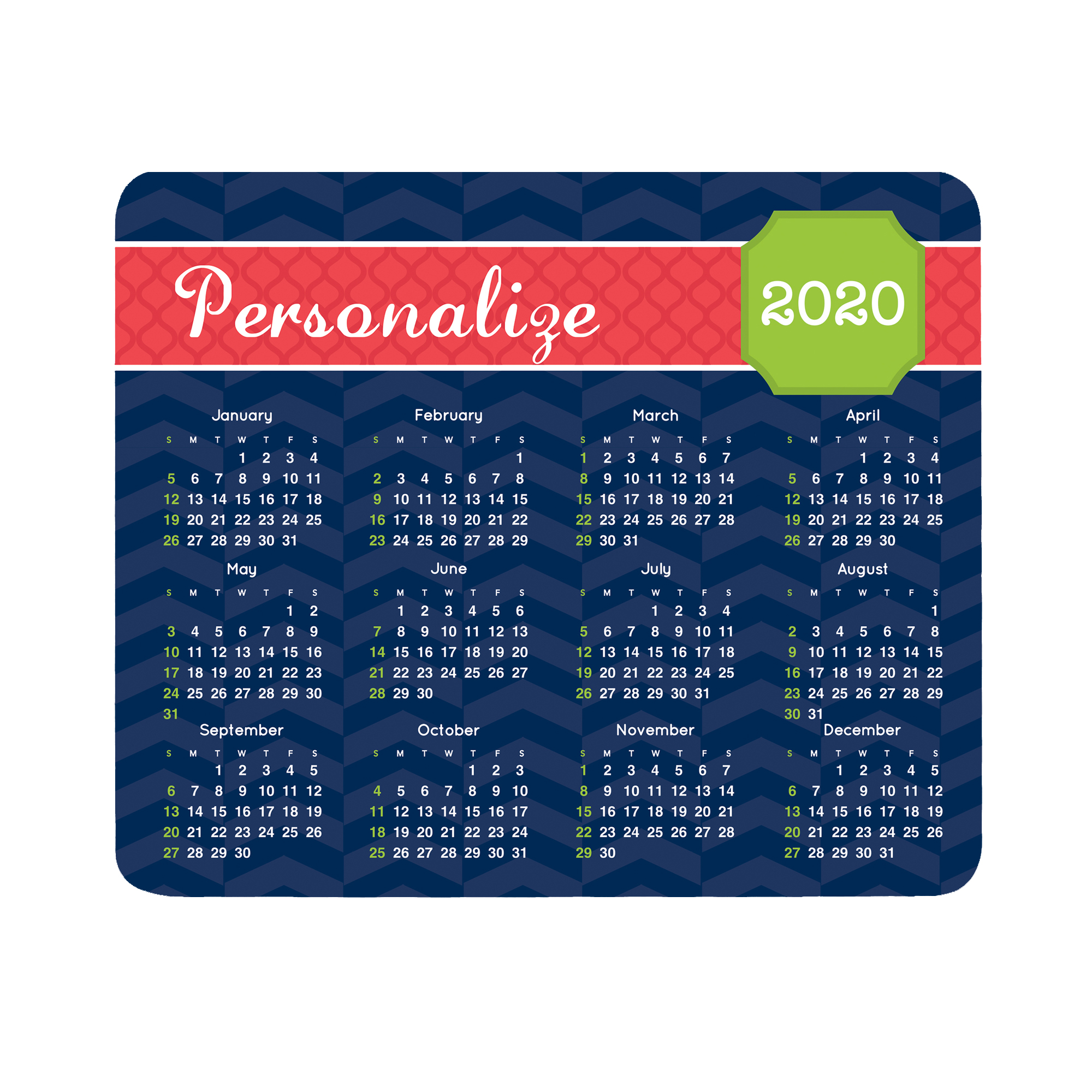 Personalized 2020 Mouse Pad Calendar, Blue Chevron