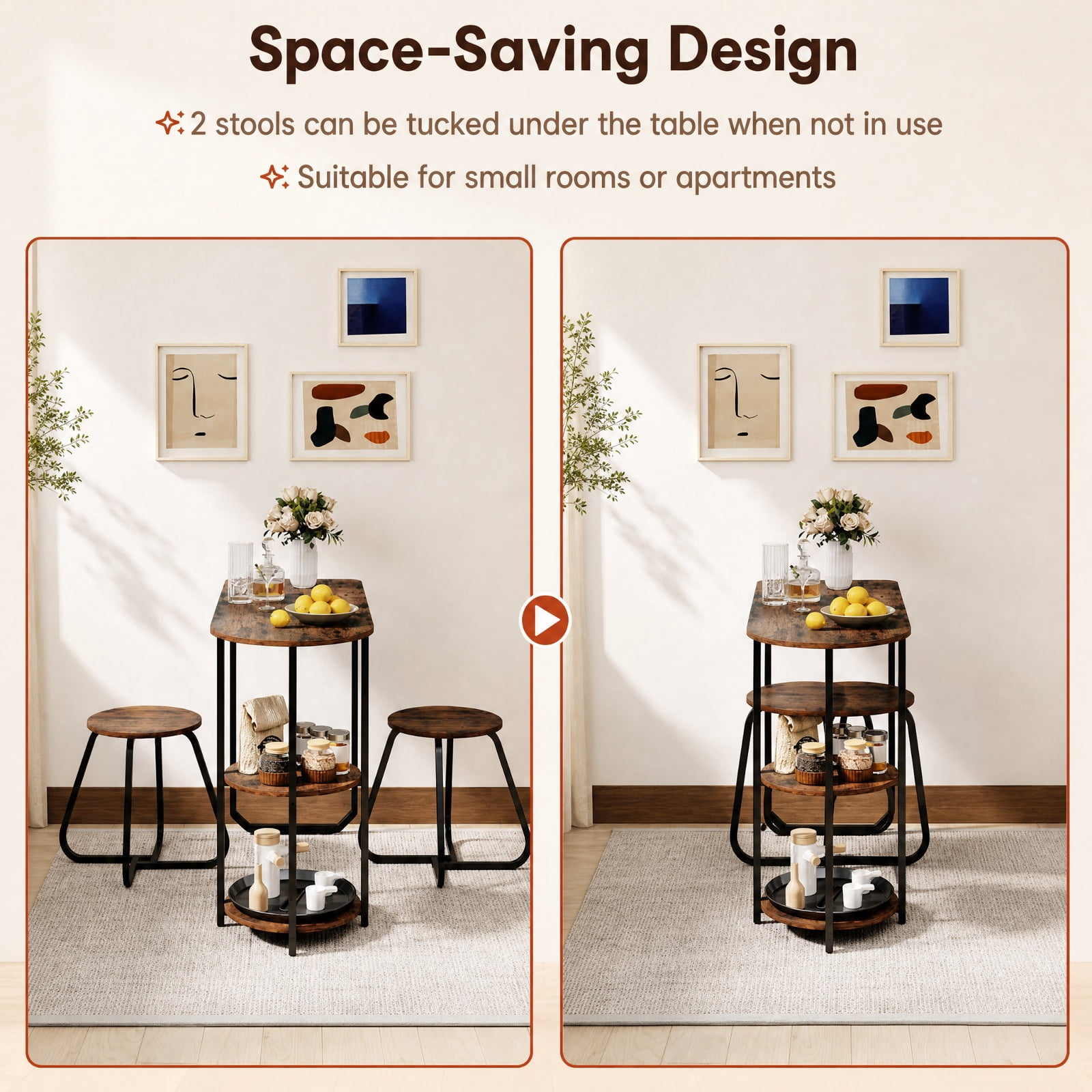 Furnibear 3 Piece Industrial Dining Table Set for Small Space with 2 Stools and Side Shelves for Kitchen and Apartment, Rustic Brown