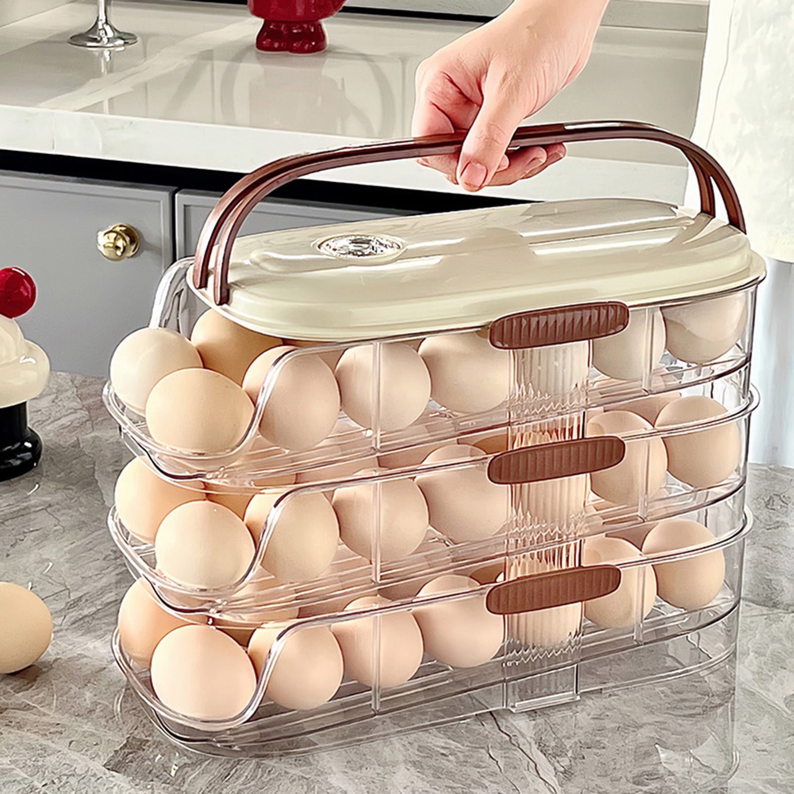 sunsanly Automatic Rolling Egg Container Fridge Storage Box Food Grade BPA Free Transparent Stackable Fridge Organizer with Lid