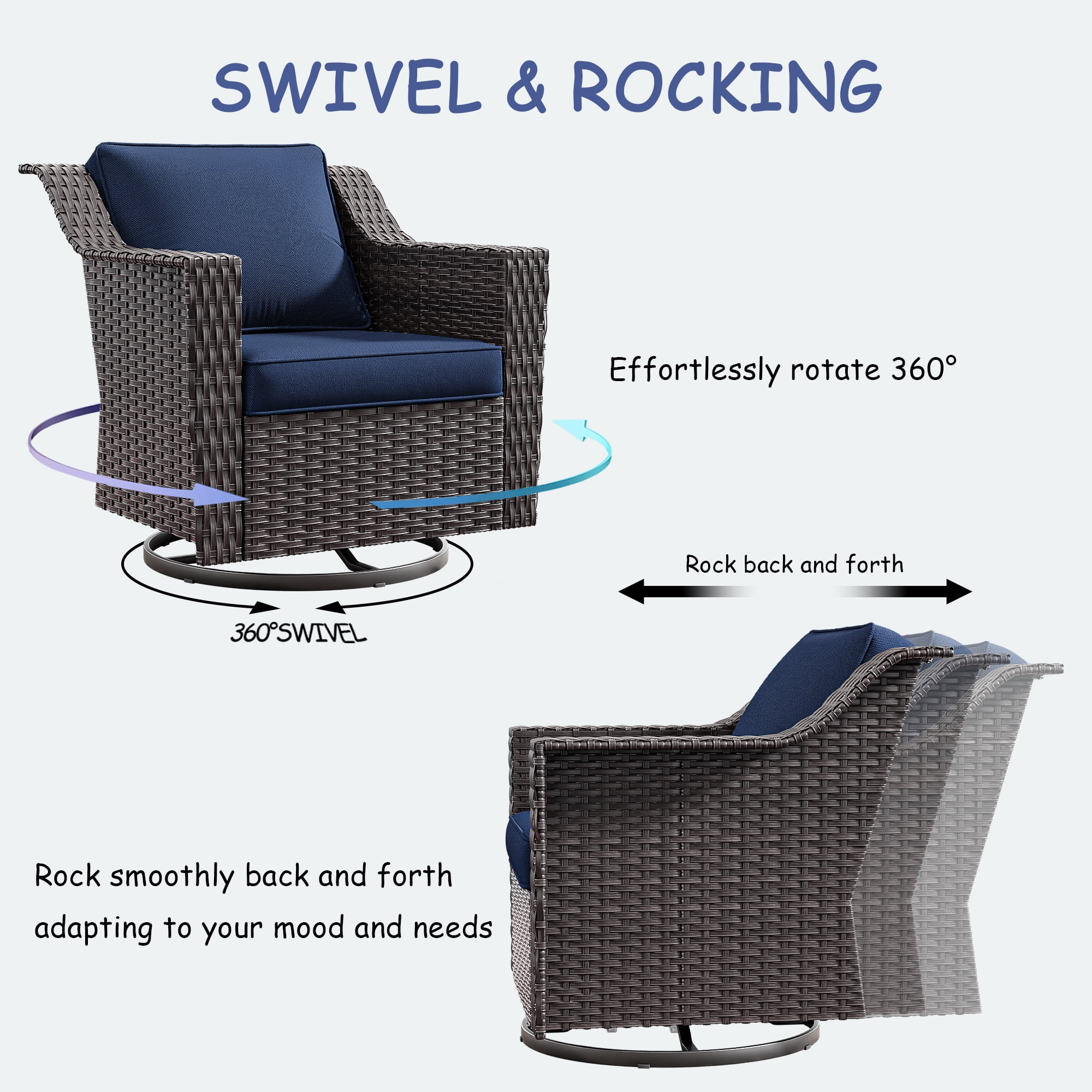Meetleisure Patio Swivel Wicker Chair, Outdoor Rattan Rocking Chairs with Thickened Cushions for Backyard Porch Deck, Metal Rocking Frame