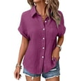 thumbnail image 4 of YDFCWXW Button Down Dressy Shirts for Womens Gauze Shirts Casual Short Sleeve Textured Collared Summer Work Blouse Clothes Purple, M, 4 of 8