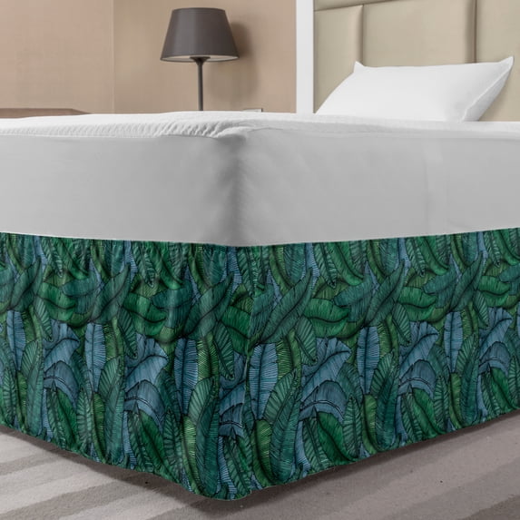 Banana Leaf Bed Skirt, Hand Drawn Style Botanical Pattern Tropical Foliage in Green and Blue, Elastic Bedskirt Dust Ruffle Wrap Around for Bedding Decor, 4 Sizes, Jade Green Pale Blue, by Ambesonne