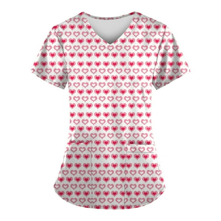 

QWERTYU Holiday Scrubs Top for Women Casual Professionals T Shirt Valentine s Day Short Sleeve Uniform Pockets V Neck Nursing Scrubs Red S