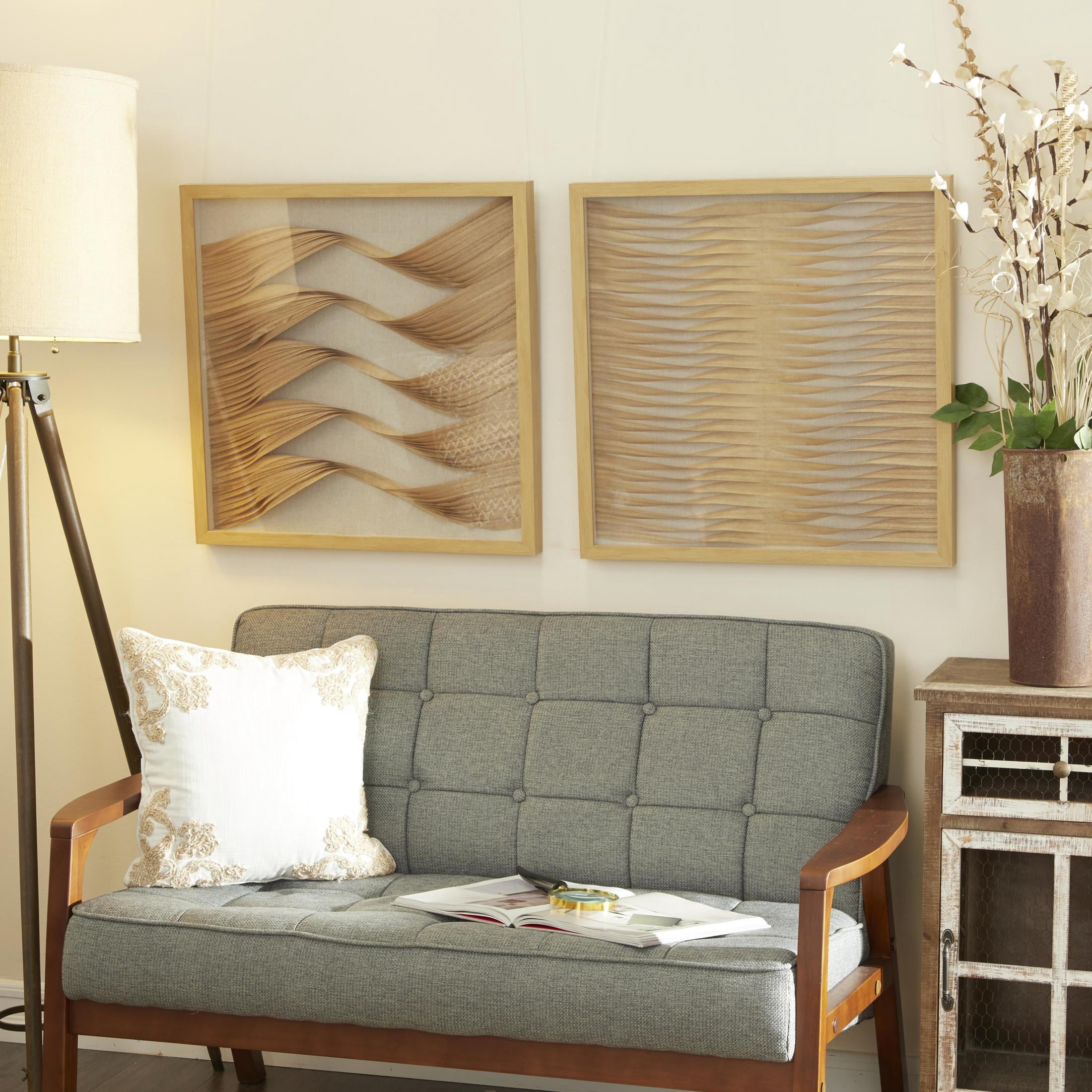 24"W, 24"H Brown Abstract Handmade Twisted Ribbon Shadow Box with Beige Linen Backing, by DecMode (2 Count)