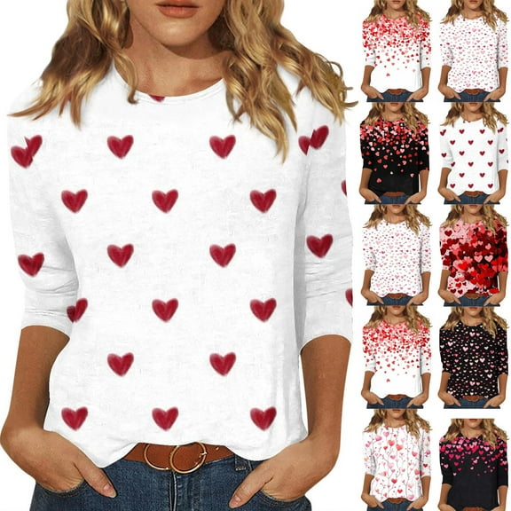 Resicozy Valentines Shirts for Women 3/4 Sleeve Shirts Trendy 2026 Cute Love Heart Print Tunic Tops Plus Size Casual Blouses White 2XL