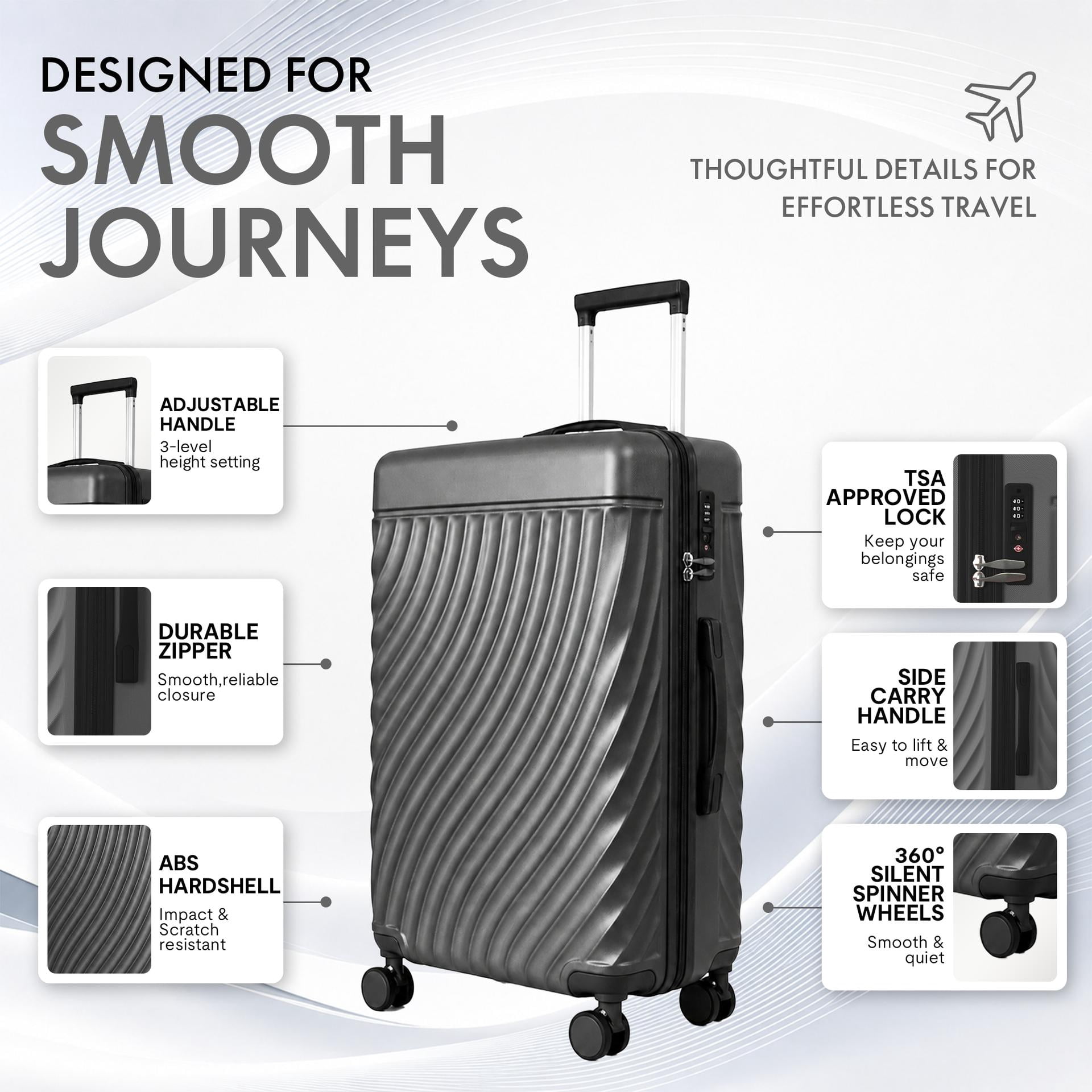 3-Piece ABS Hardshell Luggage Set, Lightweight Durable Suitcases with 4 Silent Spinner Wheels & TSA Lock, Wave-Embossed Scratch-Resistant Shell, 20/24/28 Inch, Ash Grey